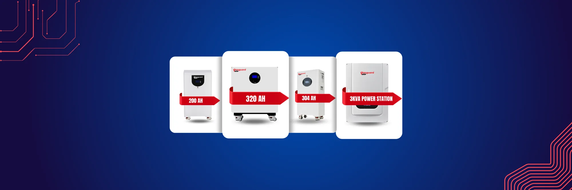 The Vanguard EnerG range: 200Ah, 320Ah and 304Ah batteries and the 3KVA power station